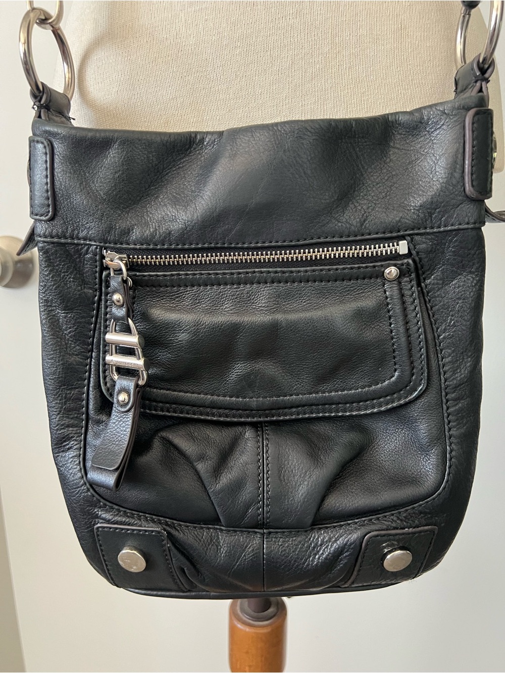 b. makowsky Black Leather Crossbody Bag with Silver Hardware